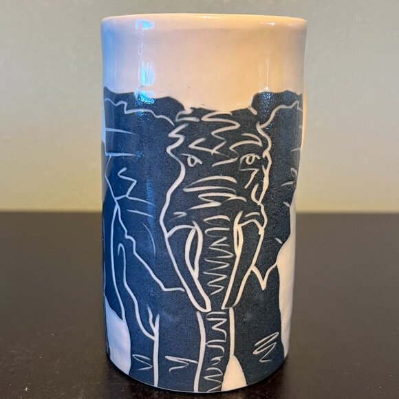 Handcrafted  Embossed Elephant Pottery Mug with Sgraffito Style Woodcut Look - Picture 8 of 10
